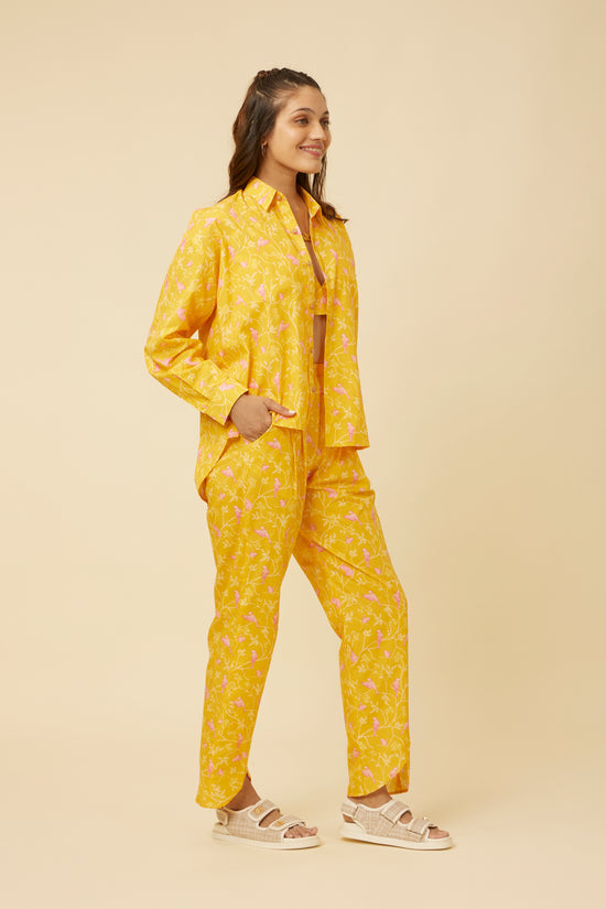 Side view of the Peela Sunshine Co-Ord Set demonstrating the relaxed fit of the full-sleeved shirt and the comfortable back elastic of the pants