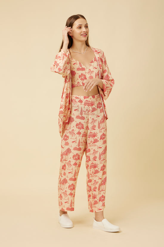Elegant 'Jaipur Ki Rani' co-ord set displayed by a model, combining a printed full-sleeve shirt with comfortable pants, perfect for a look of Jaipur’s regal elegance
