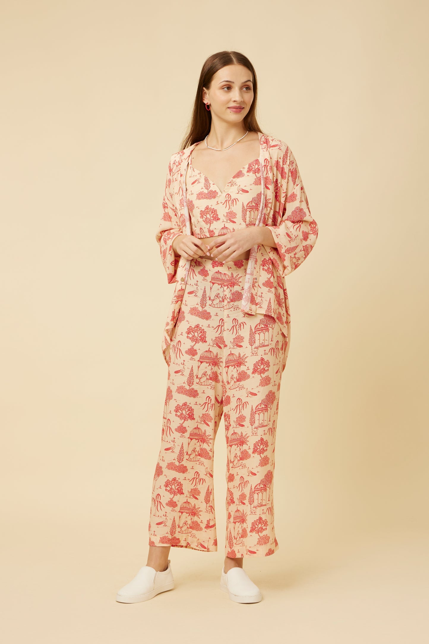 Model in 'Jaipur Ki Rani' co-ord set featuring a full-sleeve shirt and matching loose pants with a regal Jaipur print, embodying airy comfort and unrestricted movement