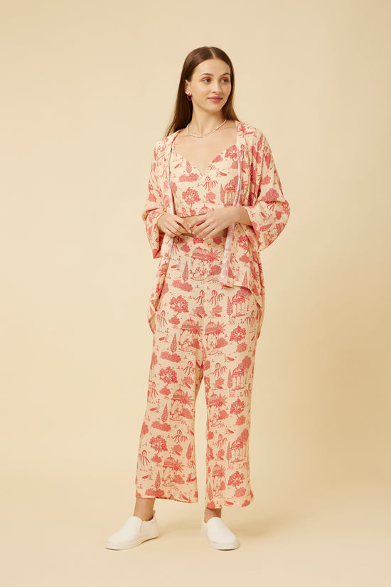 Model in 'Jaipur Ki Rani' co-ord set featuring a full-sleeve shirt and matching loose pants with a regal Jaipur print, embodying airy comfort and unrestricted movement