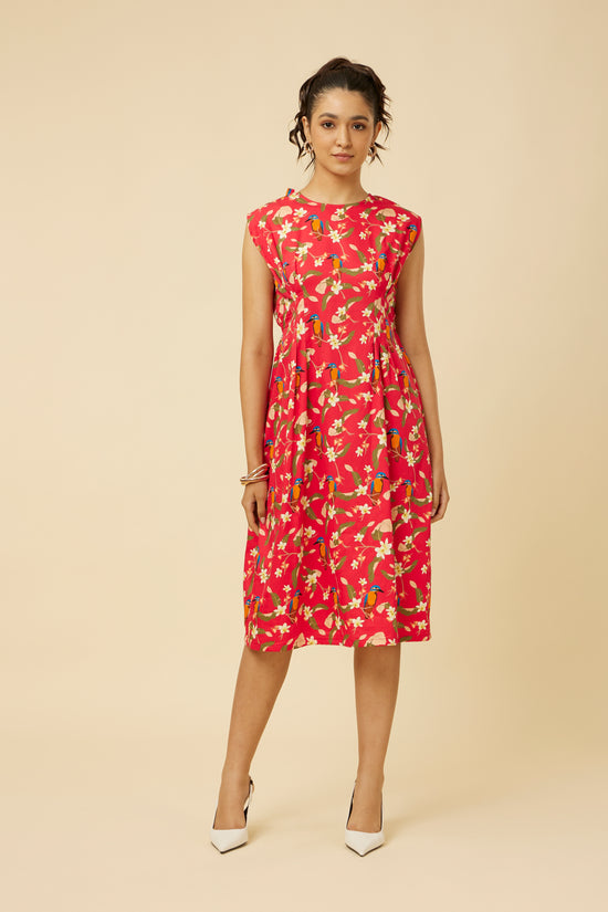 Frontal view of the vibrant Crimson Summery Dress featuring a close neck and sleeveless design, adorned with a nature-inspired print, perfect for a summery day out