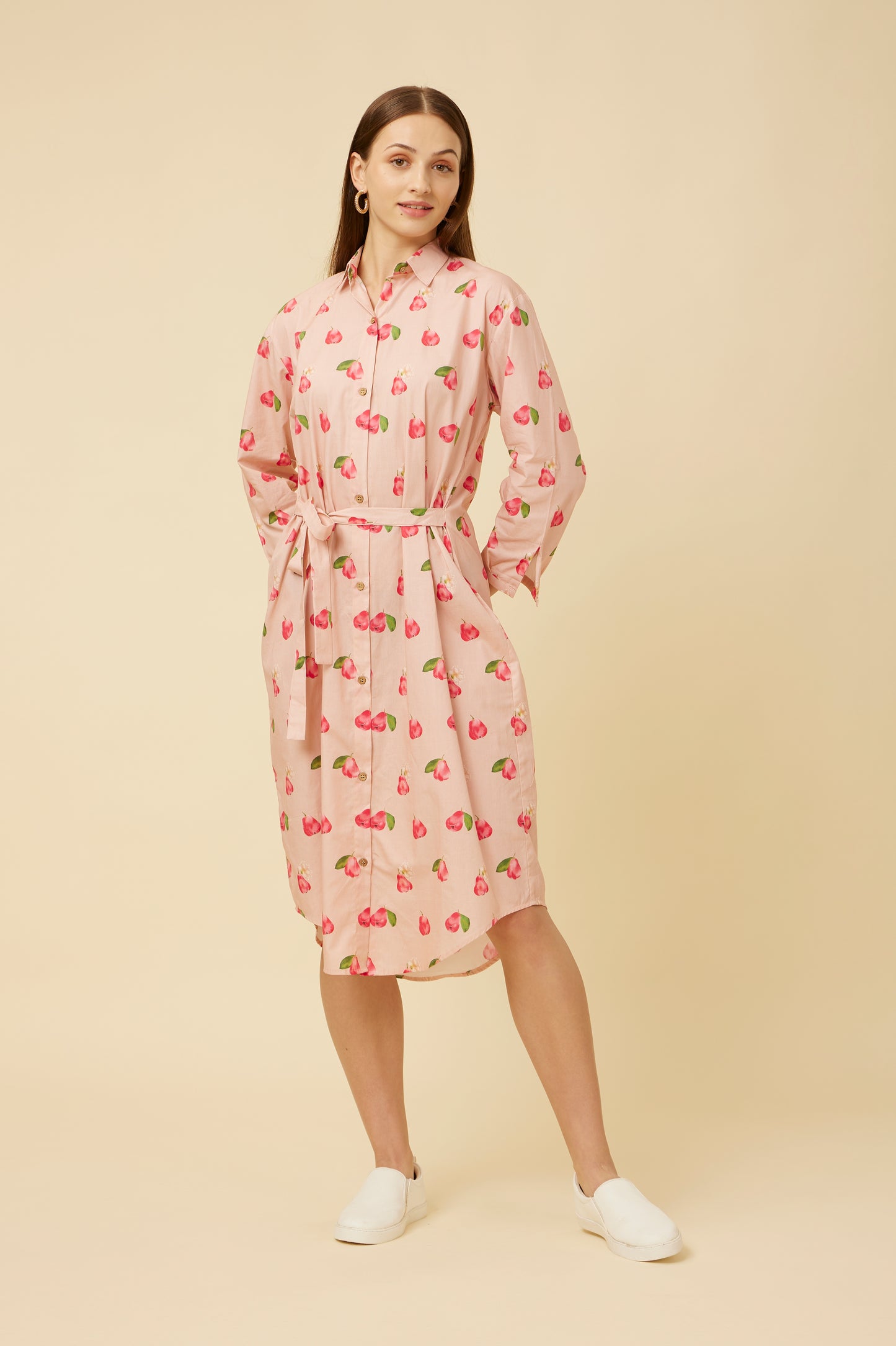 Elegant Rose Apple Print shirt dress with 3/4 sleeves and waist tie, offering a chic and comfortable fit