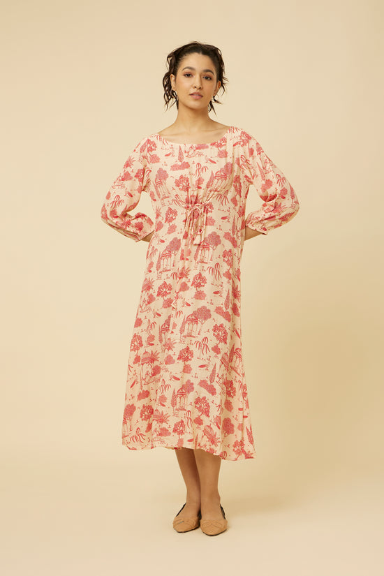 Elegant Jaipur Rani A-line dress with center tie and three-quarter sleeves in pink bhutta print, ideal for casual and special occasions
