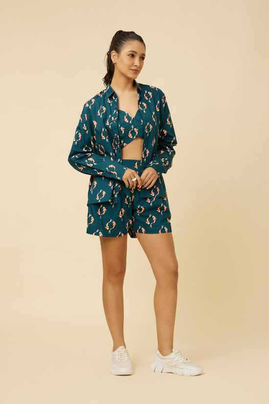 Full-length view of the model in the Yin Yang Co Ord Set, showcasing the full-sleeve shirt’s versatility, which can be layered or worn alone