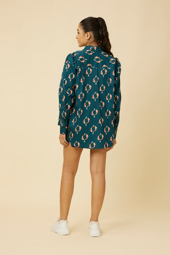 Back view of the Yin Yang Koi Fish Full-Sleeve Shirt, emphasizing the all-over koi fish print and the shirt’s potential as a statement piece for layering